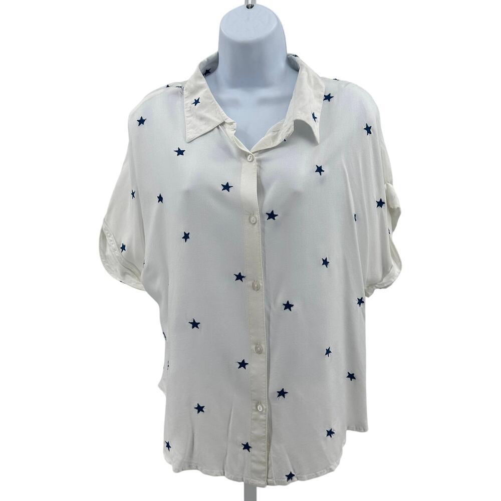 Japna Shirt WMNS L White Blue Stars Embroidery Cuffed Short Sleeve Relaxed Fit